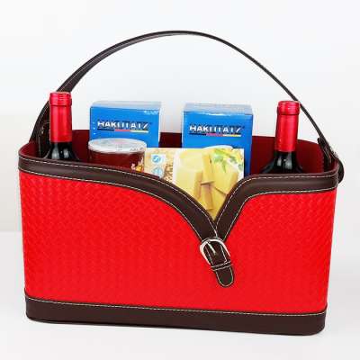 Custom PU Leather Christmas Gift Basket Wine Food Storage Basket